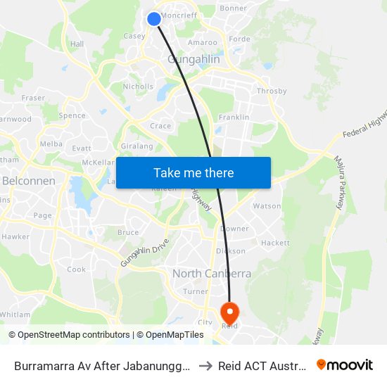 Burramarra Av After Jabanungga Av to Reid ACT Australia map