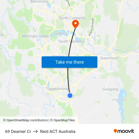69 Deamer Cr to Reid ACT Australia map