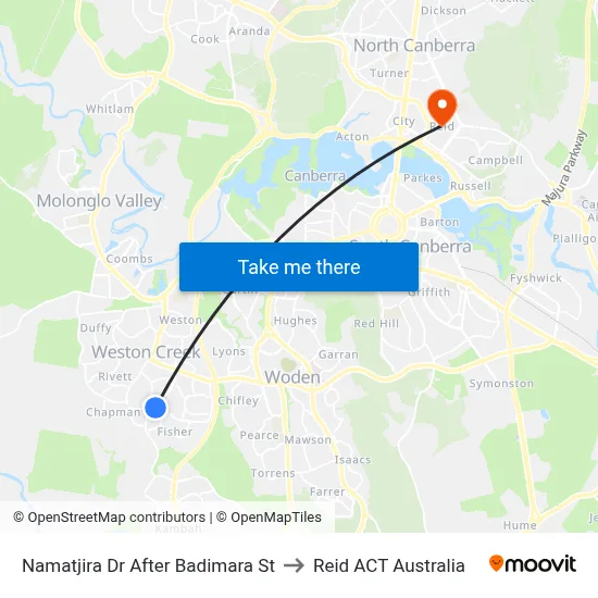 Namatjira Dr After Badimara St to Reid ACT Australia map
