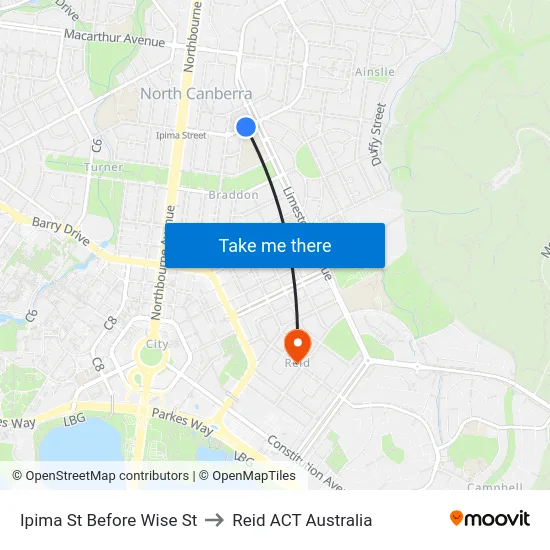 Ipima St Before Wise St to Reid ACT Australia map