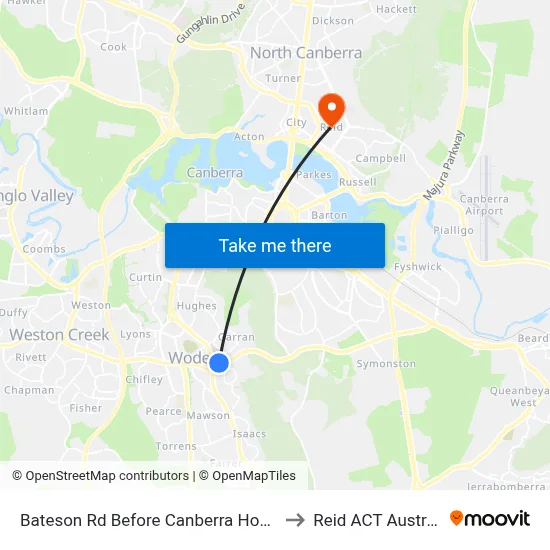 Bateson Rd Before Canberra Hospital to Reid ACT Australia map