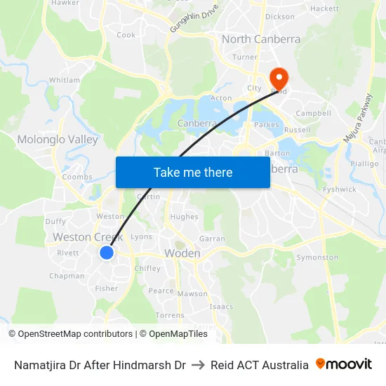 Namatjira Dr After Hindmarsh Dr to Reid ACT Australia map