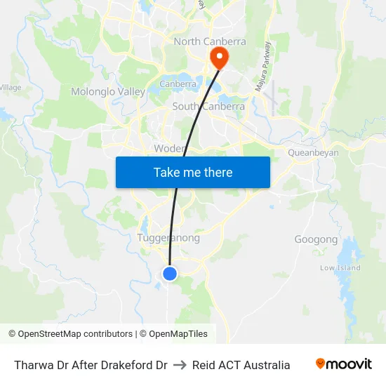 Tharwa Dr After Drakeford Dr to Reid ACT Australia map