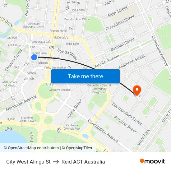 City West Alinga St to Reid ACT Australia map