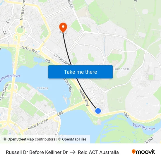 Russell Dr Before Kelliher Dr to Reid ACT Australia map