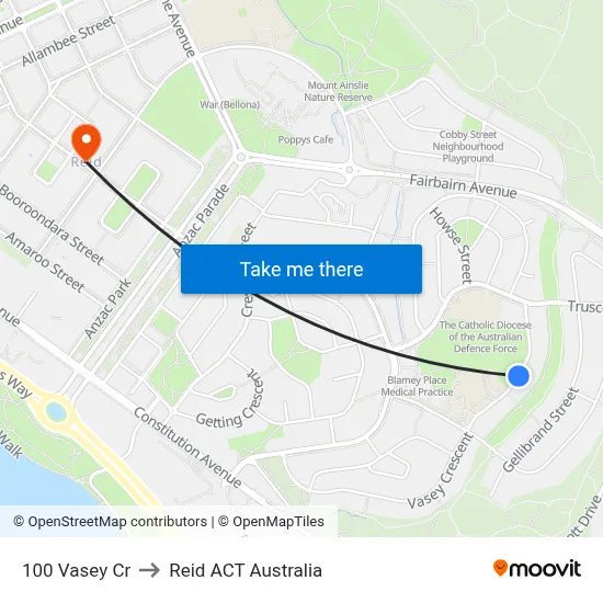 100 Vasey Cr to Reid ACT Australia map