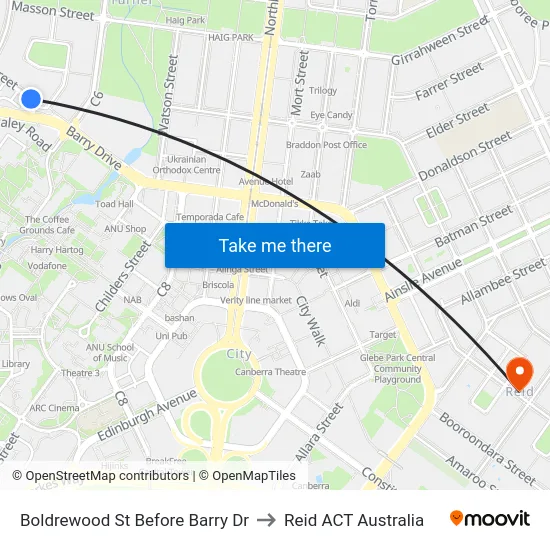 Boldrewood St Before Barry Dr to Reid ACT Australia map