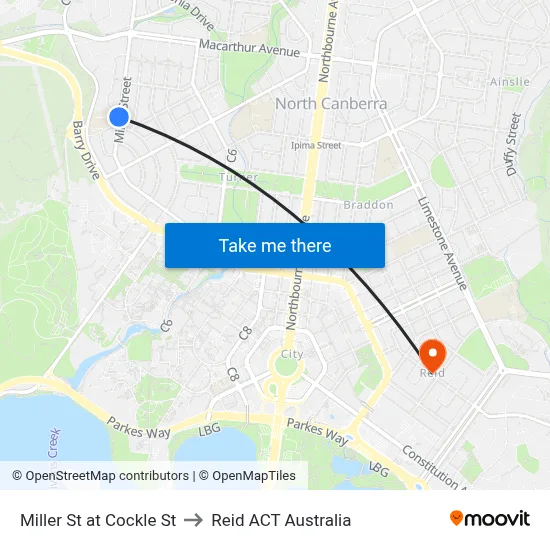 Miller St at Cockle St to Reid ACT Australia map