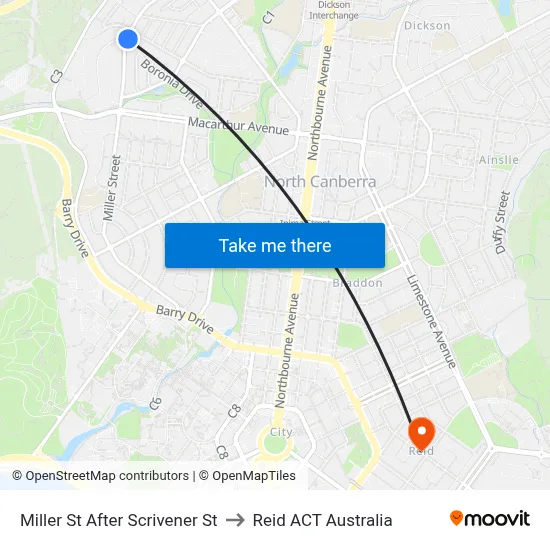 Miller St After Scrivener St to Reid ACT Australia map