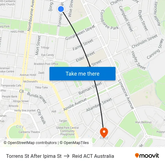 Torrens St After Ipima St to Reid ACT Australia map