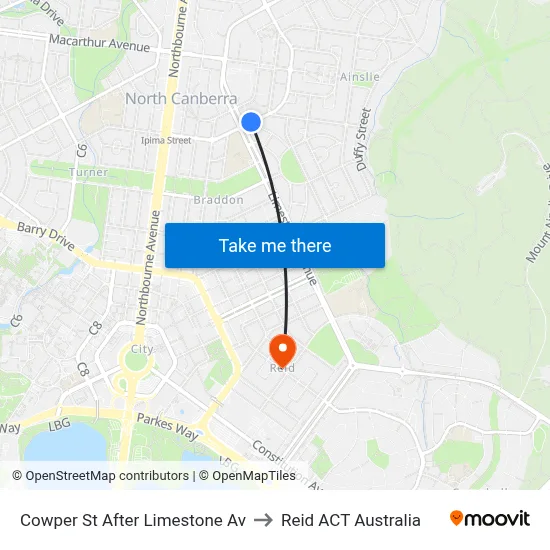 Cowper St After Limestone Av to Reid ACT Australia map