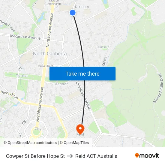 Cowper St Before Hope St to Reid ACT Australia map