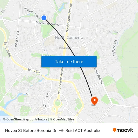Hovea St Before Boronia Dr to Reid ACT Australia map