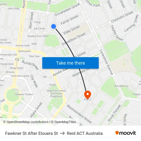 Fawkner St After Elouera St to Reid ACT Australia map