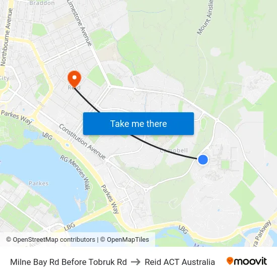 Milne Bay Rd Before Tobruk Rd to Reid ACT Australia map