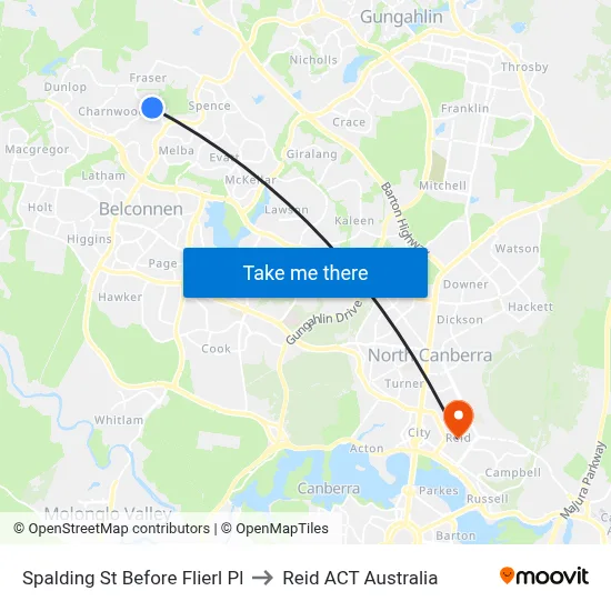 Spalding St Before Flierl Pl to Reid ACT Australia map