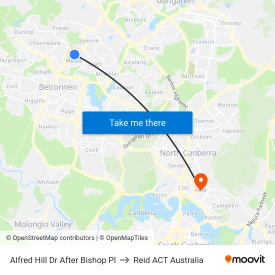 Alfred Hill Dr After Bishop Pl to Reid ACT Australia map