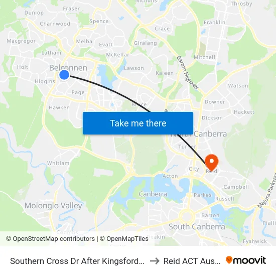 Southern Cross Dr After Kingsford Smith Dr to Reid ACT Australia map