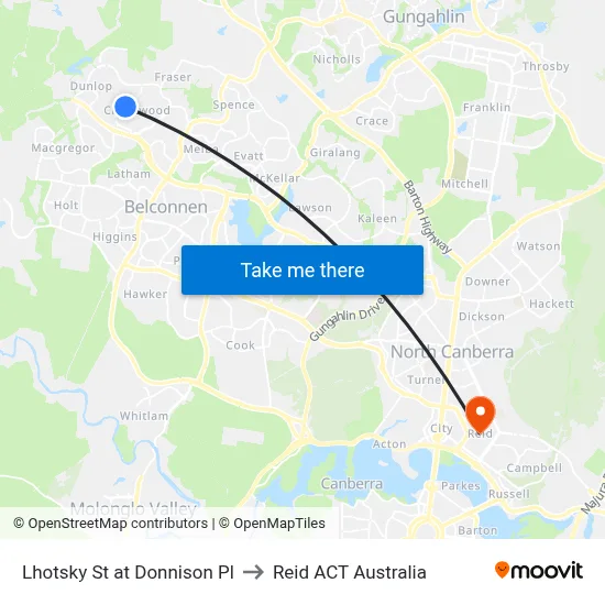 Lhotsky St at Donnison Pl to Reid ACT Australia map