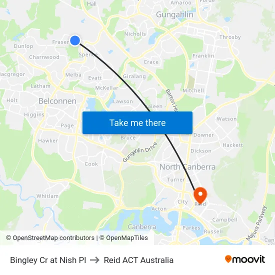 Bingley Cr at Nish Pl to Reid ACT Australia map