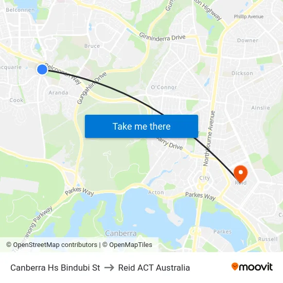 Canberra Hs Bindubi St to Reid ACT Australia map