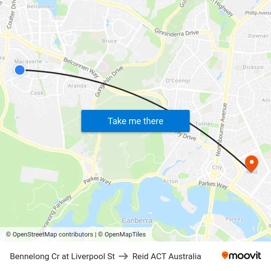 Bennelong Cr at Liverpool St to Reid ACT Australia map