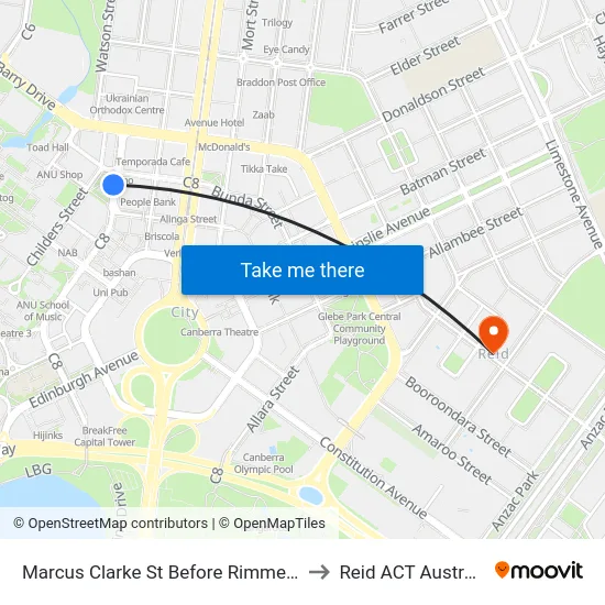 Marcus Clarke St Before Rimmer St to Reid ACT Australia map