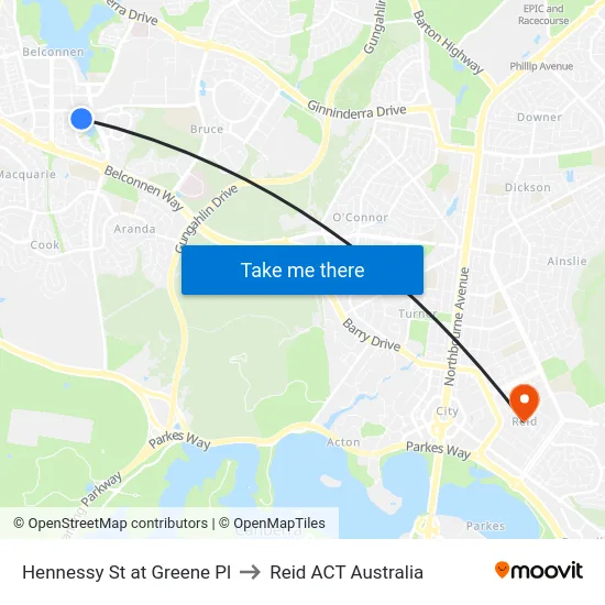 Hennessy St at Greene Pl to Reid ACT Australia map