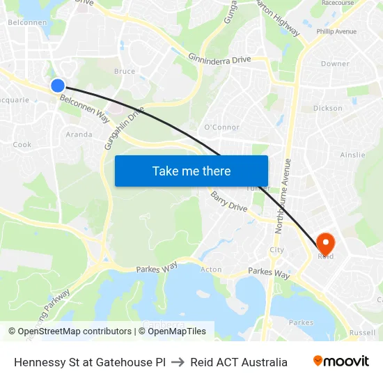 Hennessy St at Gatehouse Pl to Reid ACT Australia map