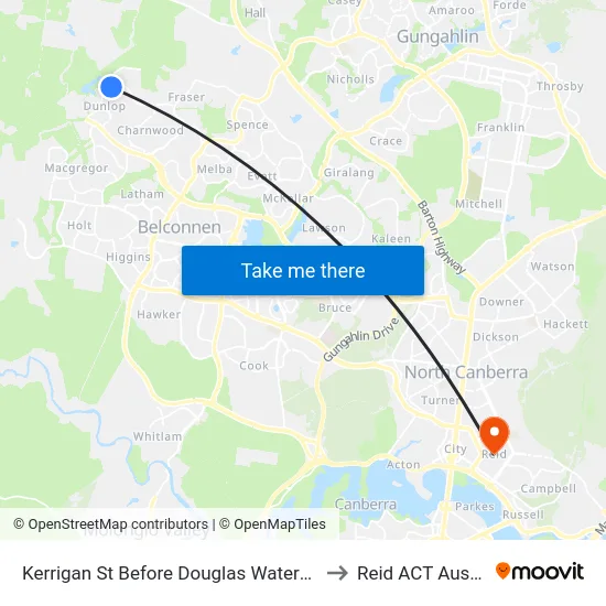 Kerrigan St Before Douglas Waterhouse Dr to Reid ACT Australia map