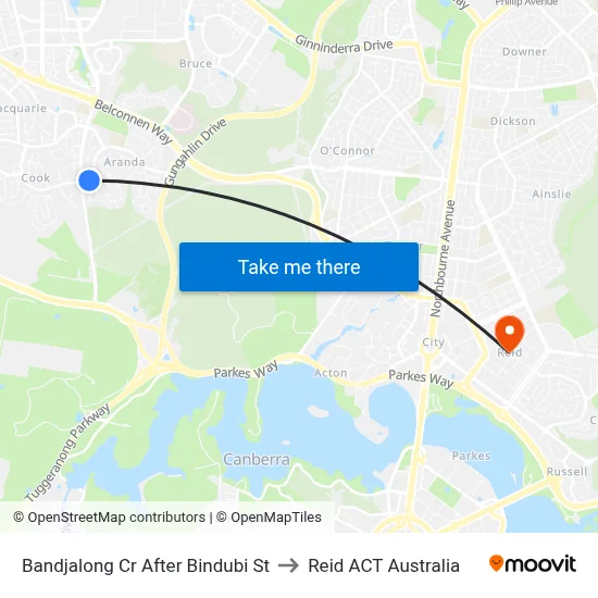 Bandjalong Cr After Bindubi St to Reid ACT Australia map