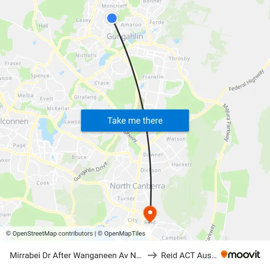 Mirrabei Dr After Wanganeen Av Northbound to Reid ACT Australia map