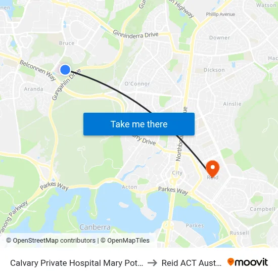 Calvary Private Hospital Mary Potter Cct to Reid ACT Australia map