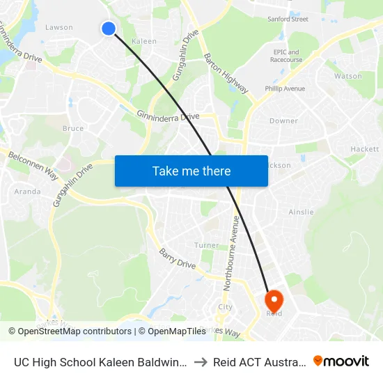 UC High School Kaleen Baldwin Dr to Reid ACT Australia map