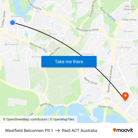 Westfield Belconnen Plt 1 to Reid ACT Australia map