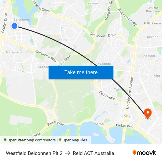 Westfield Belconnen Plt 2 to Reid ACT Australia map