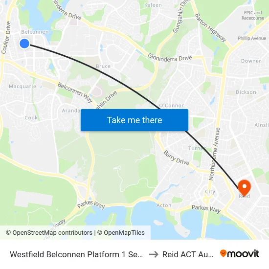 Westfield Belconnen Platform 1 Set Down Only to Reid ACT Australia map