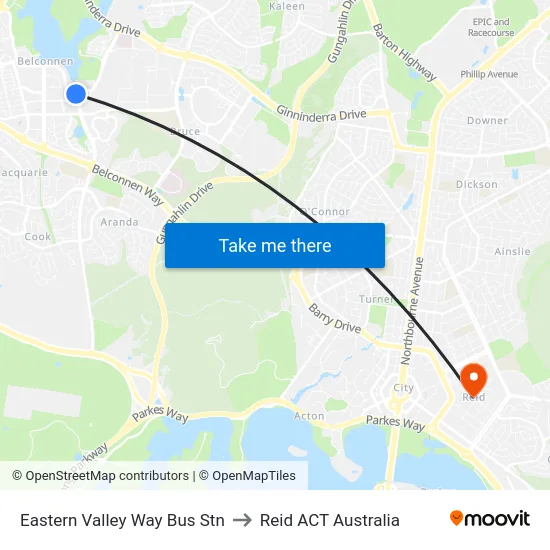 Eastern Valley Way Bus Stn to Reid ACT Australia map