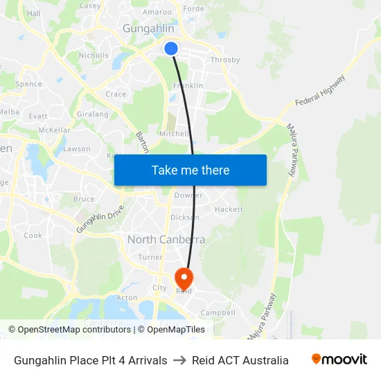 Gungahlin Place Plt 4 Arrivals to Reid ACT Australia map