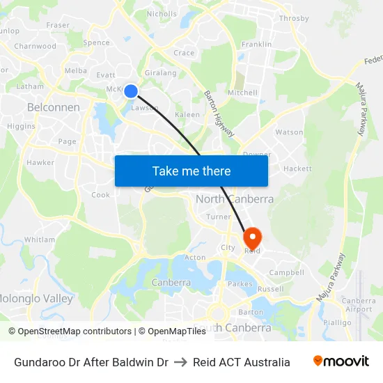 Gundaroo Dr After Baldwin Dr to Reid ACT Australia map