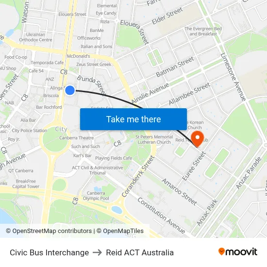 Civic Bus Interchange to Reid ACT Australia map