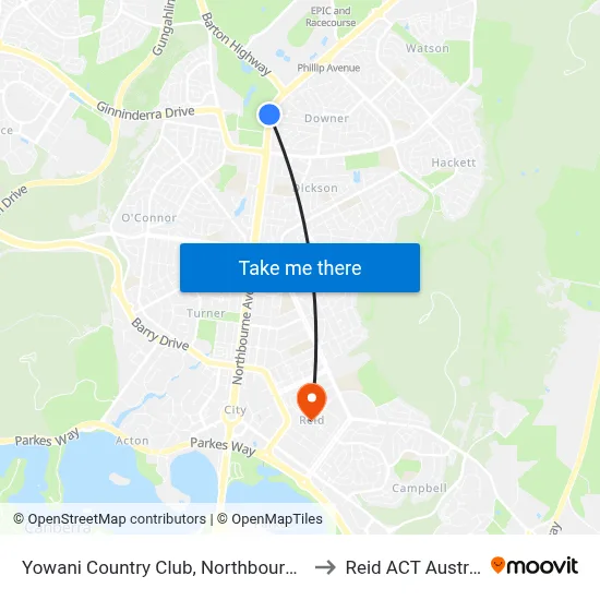 Yowani Country Club, Northbourne Ave to Reid ACT Australia map