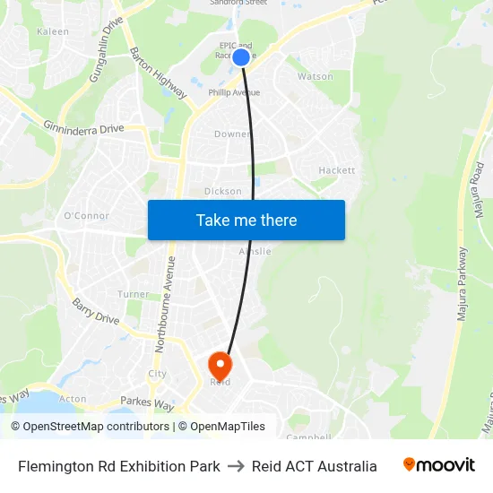 Flemington Rd Exhibition Park to Reid ACT Australia map
