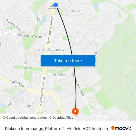 Dickson Interchange, Platform 2 to Reid ACT Australia map