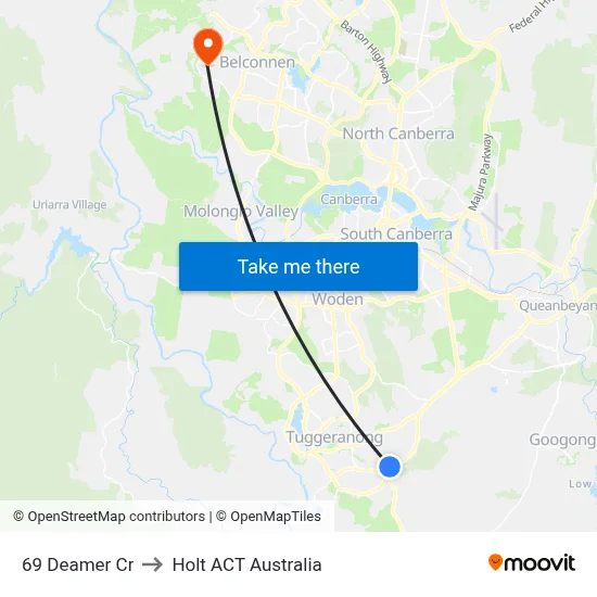 69 Deamer Cr to Holt ACT Australia map
