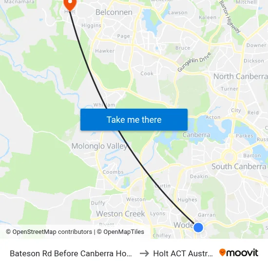 Bateson Rd Before Canberra Hospital to Holt ACT Australia map