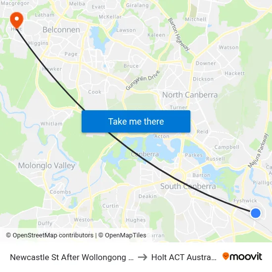 Newcastle St After Wollongong St to Holt ACT Australia map