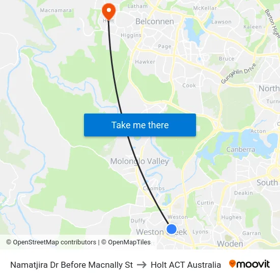 Namatjira Dr Before Macnally St to Holt ACT Australia map