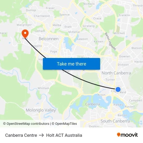 Canberra Centre to Holt ACT Australia map