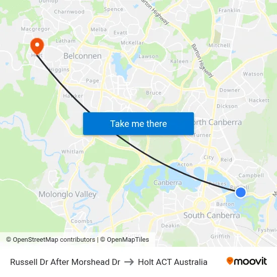 Russell Dr After Morshead Dr to Holt ACT Australia map